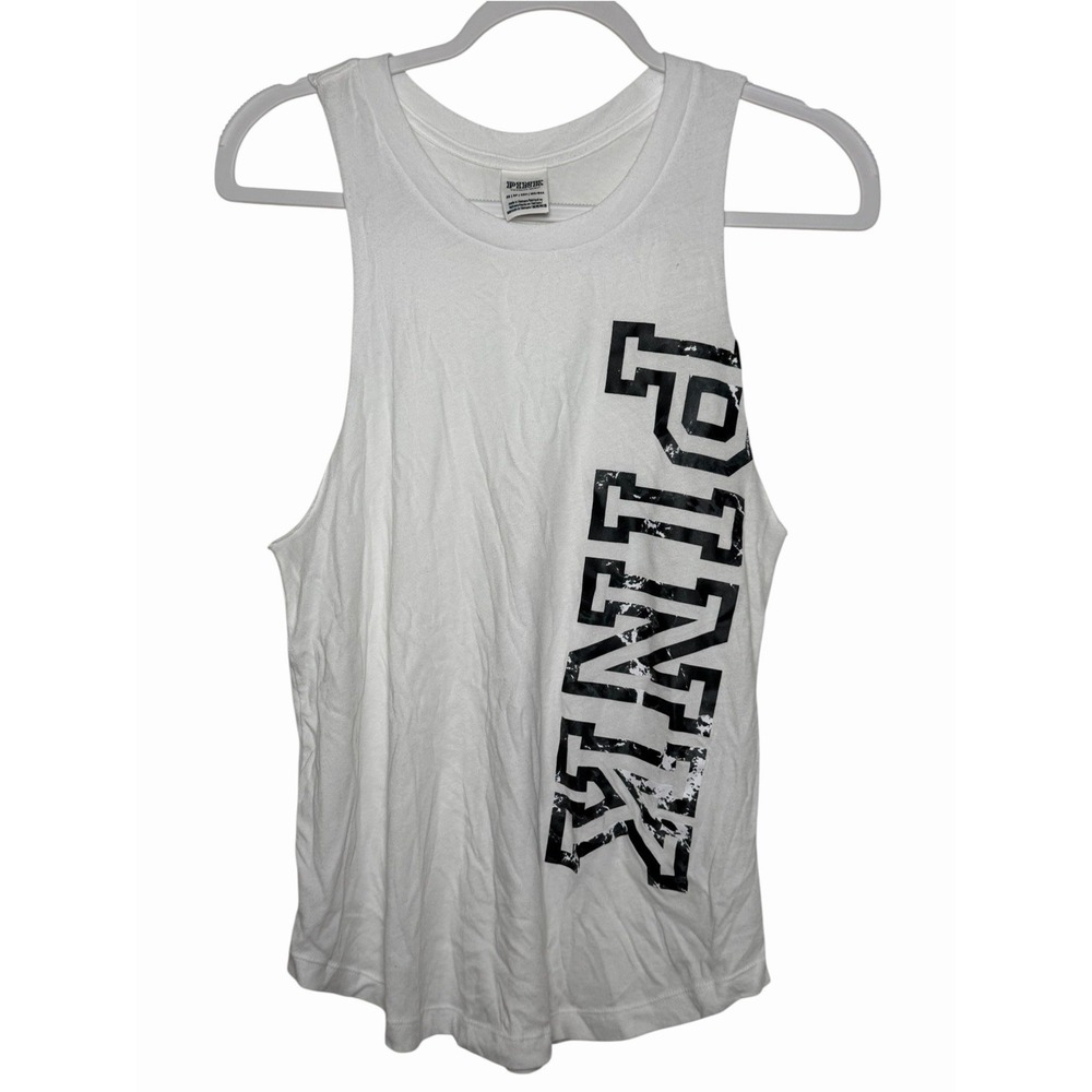 Victorias Secret Pink Tank Top XS White Black Logo Muscle Tee Sporty